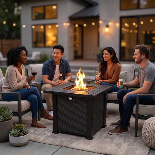 Group of friends relaxing around an outdoor gas fire pit table on patio