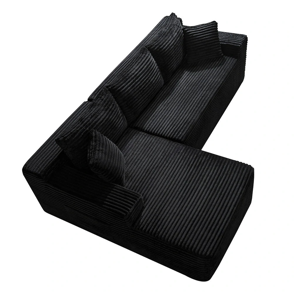 High angle view of black corduroy sectional sofa