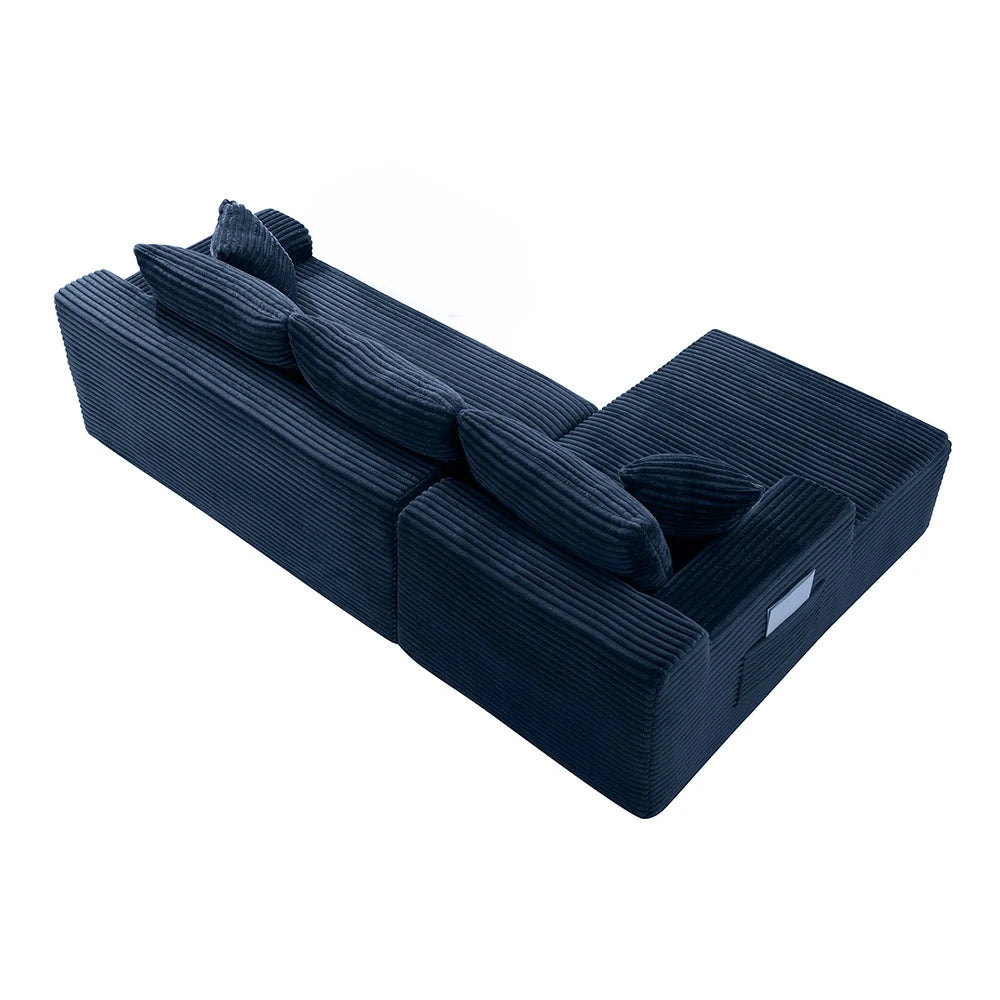 High angle view of blue corduroy sectional couch