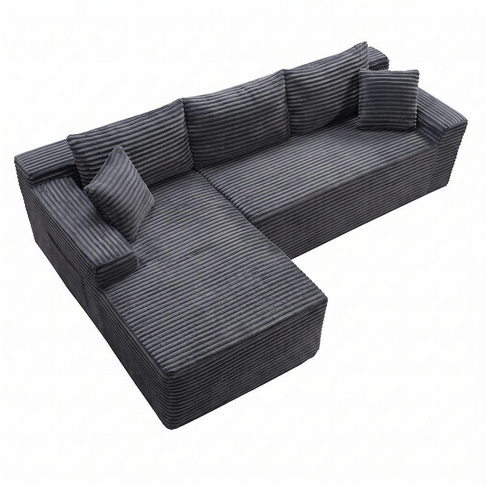 High angle view of grey corduroy sectional couch
