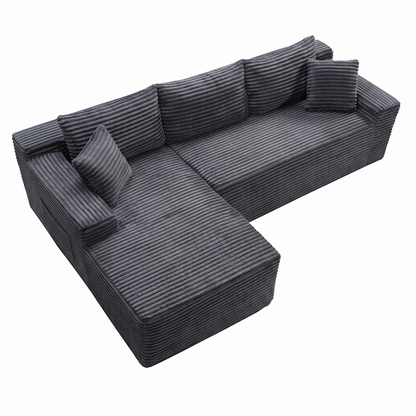 High angle view of grey corduroy sectional couch