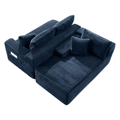High angle view ofblue corduroy sectional sofa