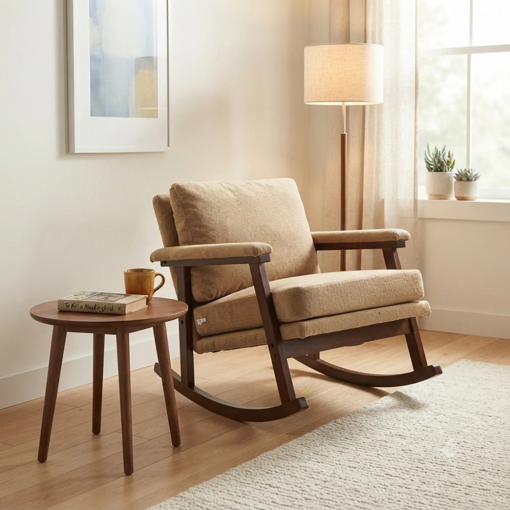 Khaki Cotton Linen Mid Century Modern Rocking Chair with Wood Frame for Living Room