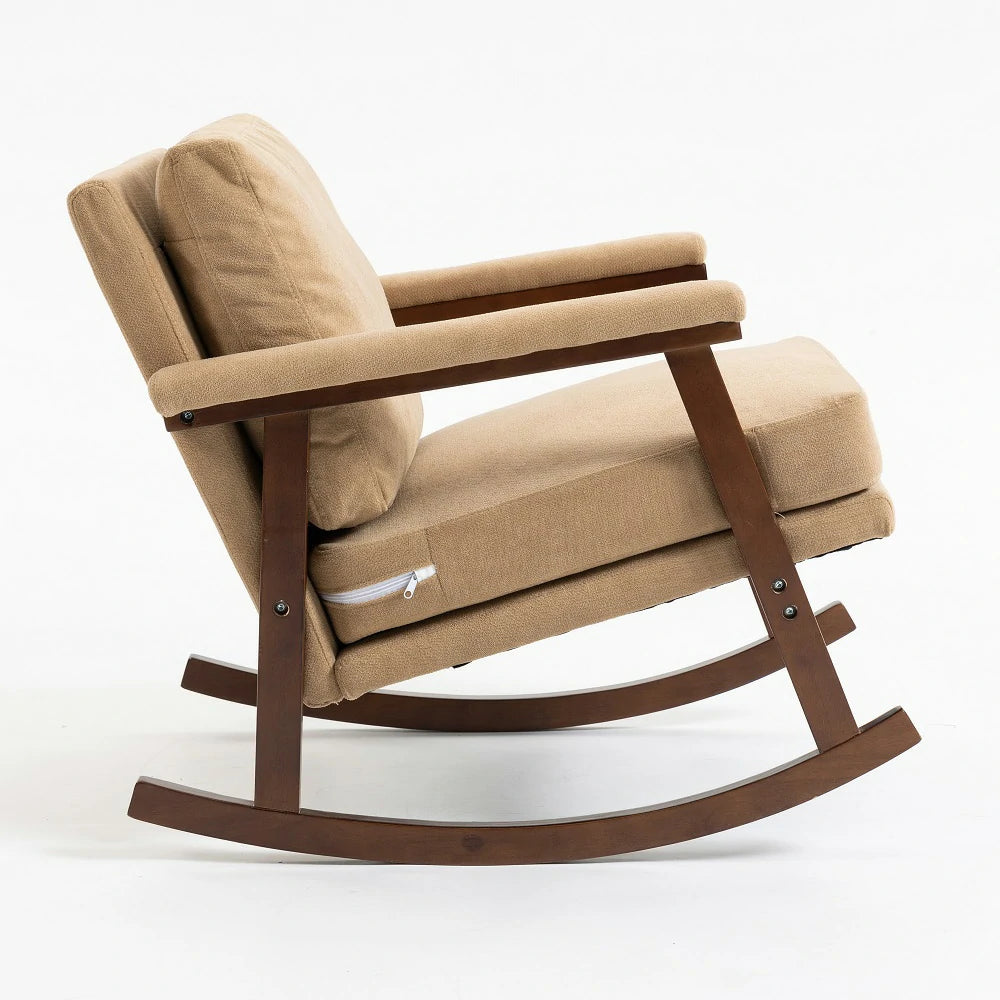 Khaki Cotton Linen rocking chair side view showing wooden frame 1
