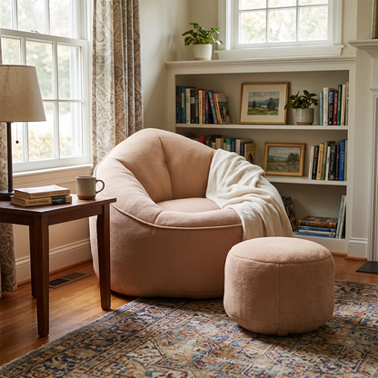 Khaki bean bag chair set in cozy living room