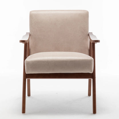 Light Camel fabric mid-century modern solid wood accent chair, front view