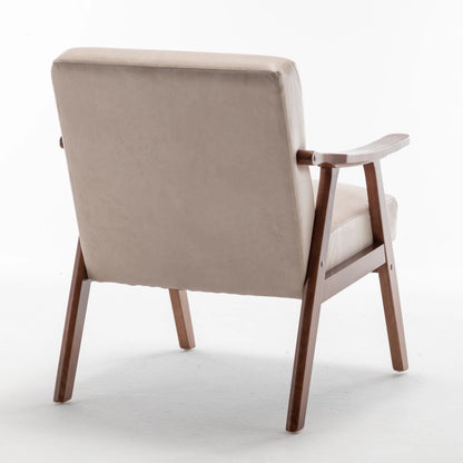 Light Camel fabric mid-century modern solid wood accent chair, rear view