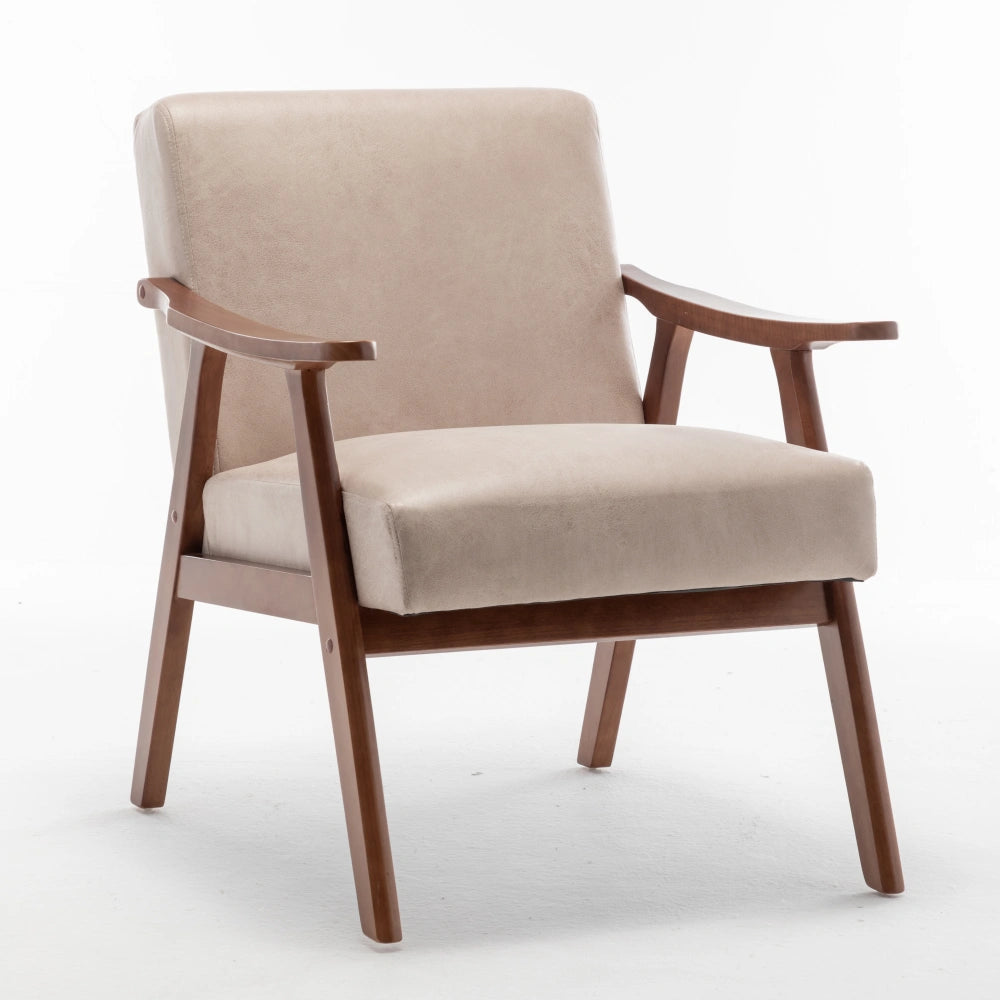 Light Camel fabric mid-century modern solid wood accent chair, side view