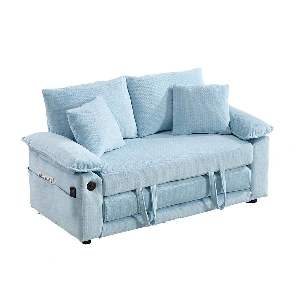 Light blue chenille convertible loveseat sofa bed with built-in USB port and side pockets isolated