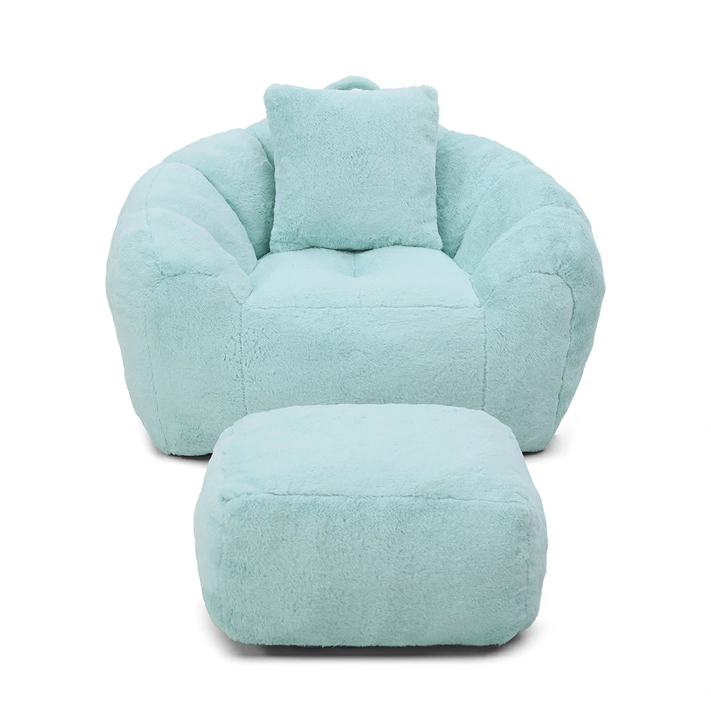 Light blue faux fur shell bean bag chair set with footstool front view
