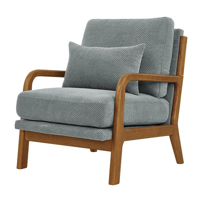 Light gray lounge chair with solid wood legs and lumbar pillow