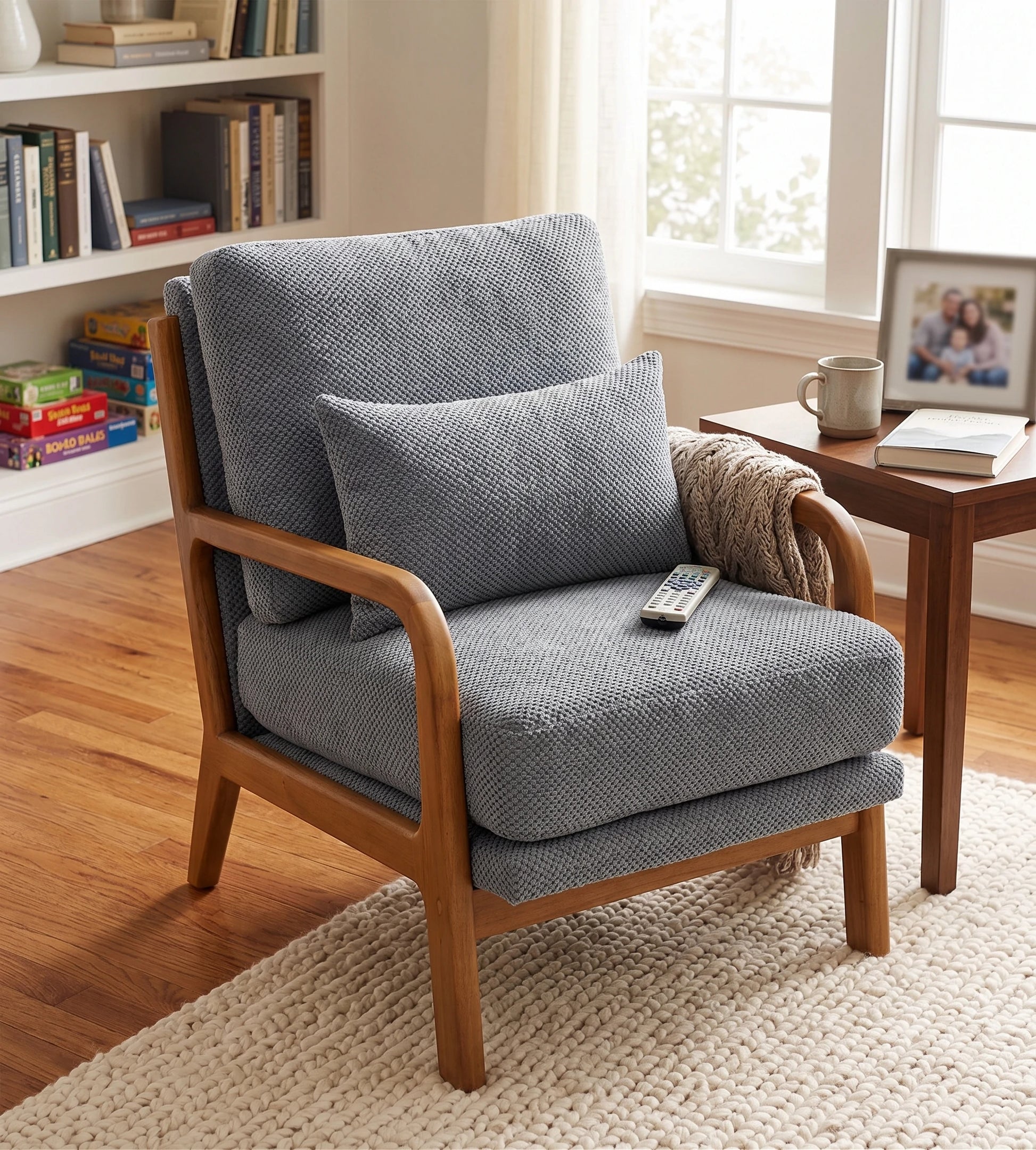 Light gray mid-century modern accent chair with solid wood frame