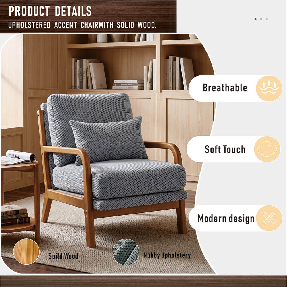Light gray upholstered accent armchair with solid wood armrests