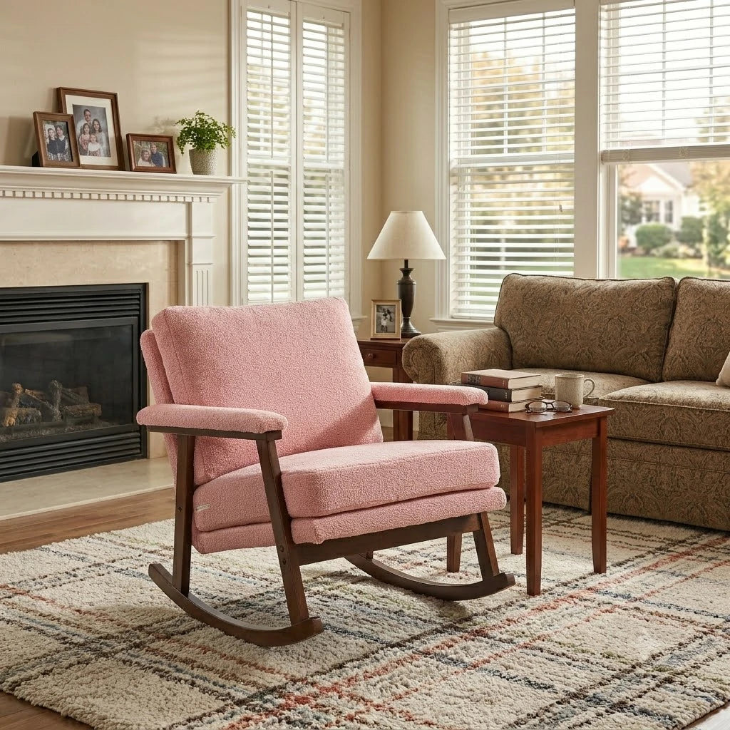 Light pink teddy fabric rocking armchair with dark wood base