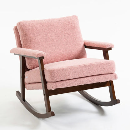 Light pink teddy fabric rocking chair with dark walnut frame