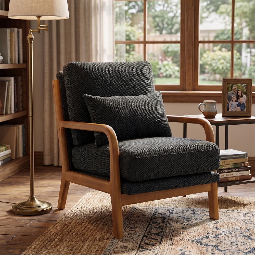 Mid-Century Modern Accent Armchair – Dark Gray Fabric & Solid Wood Lounge Chair