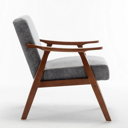 Grey fabric mid-century modern solid wood accent chair, side view