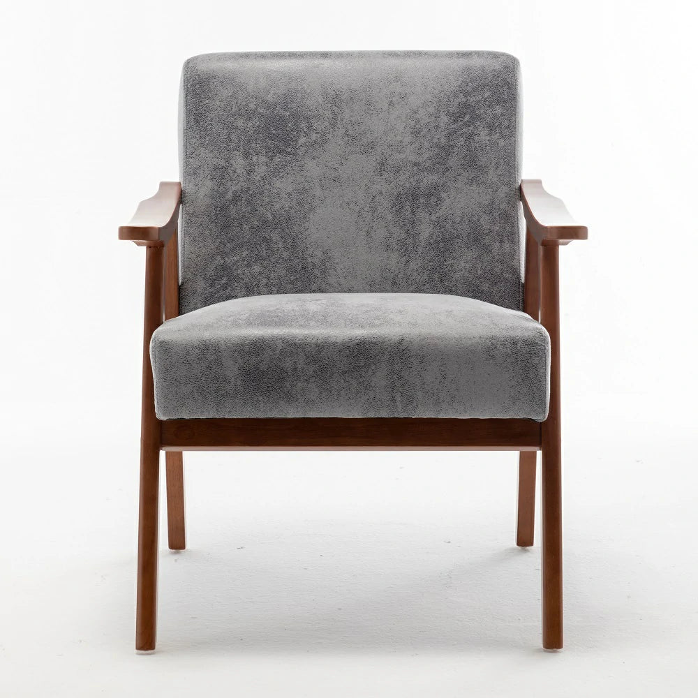 Grey fabric mid-century modern solid wood accent chair, direct front view