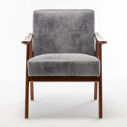 Grey fabric mid-century modern solid wood accent chair, direct front view