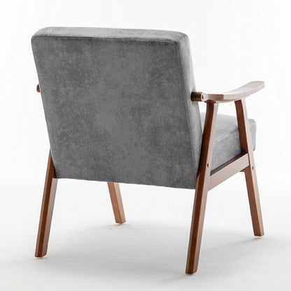 Grey fabric mid-century modern solid wood accent chair, rear view