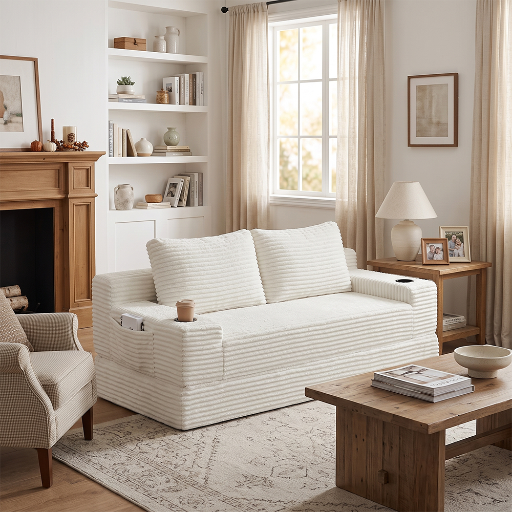 Modern beige corduroy couch in cozy bright living room setting