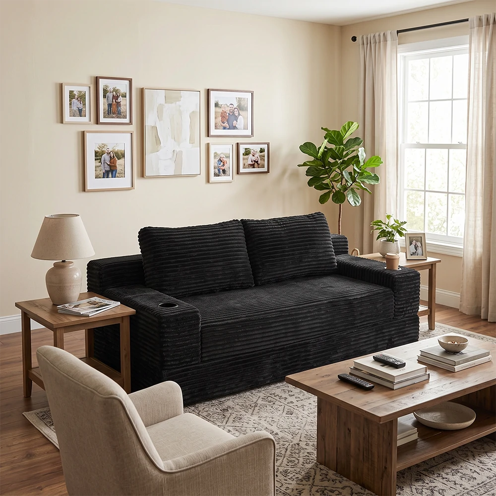Modern black corduroy sleeper couch in cozy bright living room setting.webp
