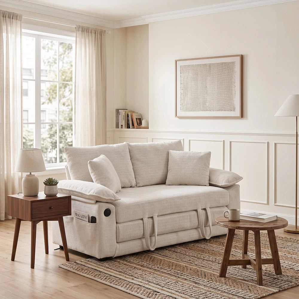 Modern cream white chenille tufted sofa bed with side table and warm boho living room decor.webp