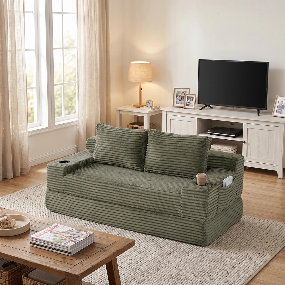 Modern green corduroy sleeper couch in bright contemporary living room setting.webp