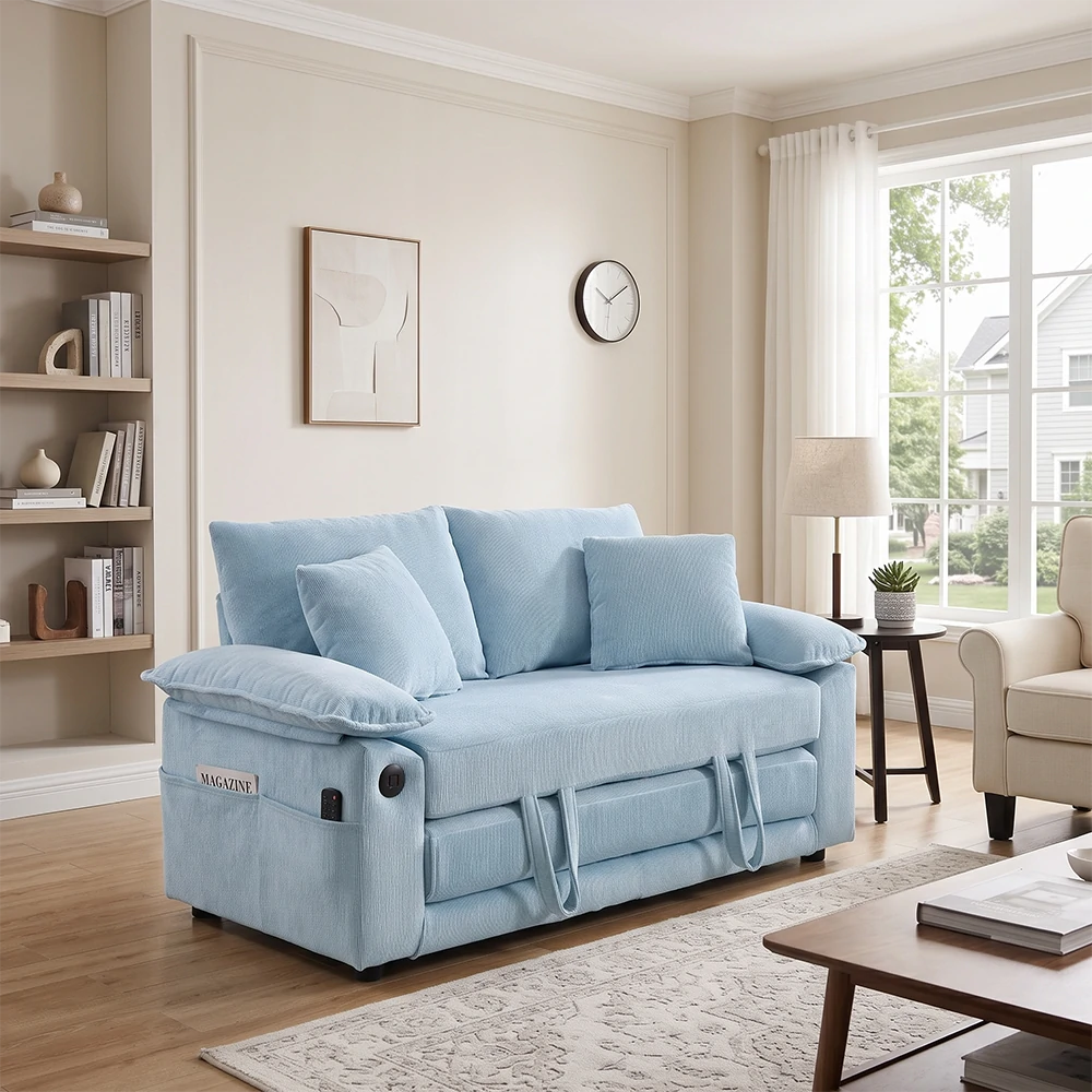 Modern light blue tufted sofa bed with pillows in a bright sunlit apartment living room setting