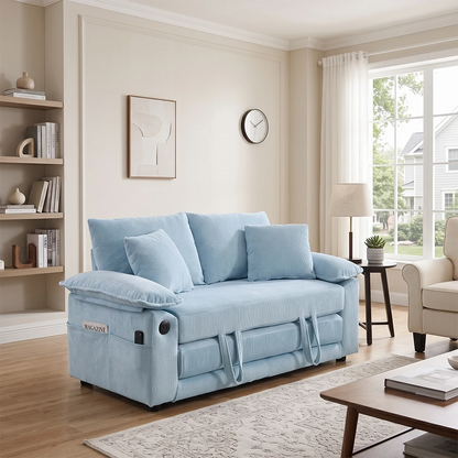 Modern light blue tufted sofa bed with pillows in a bright sunlit apartment living room setting