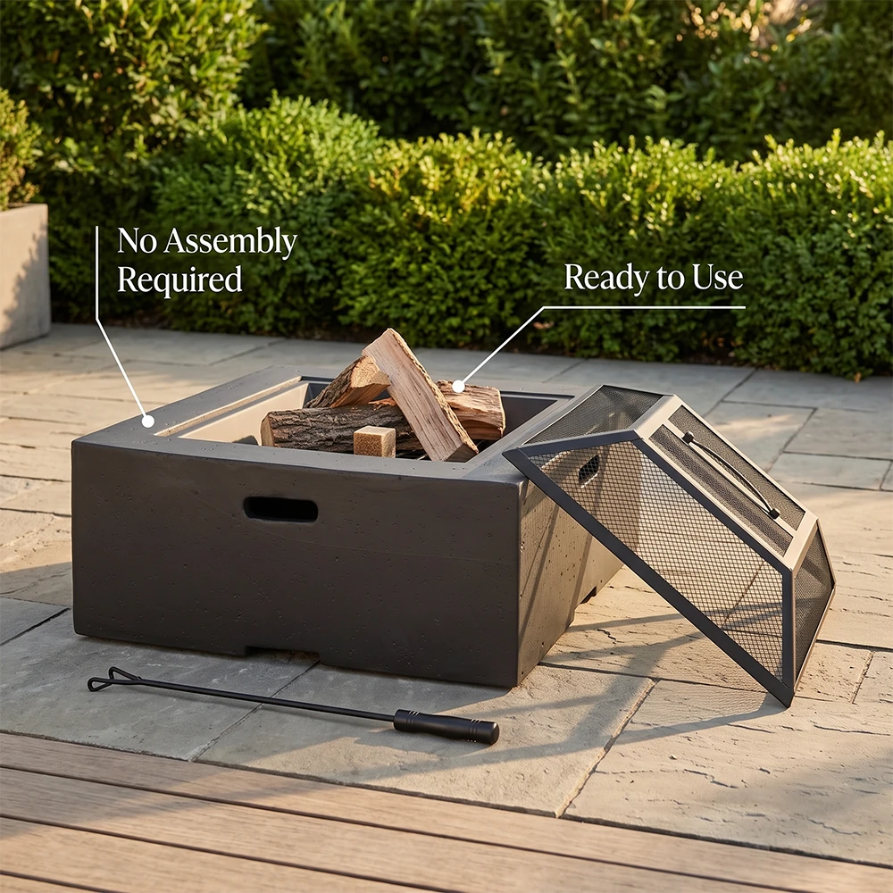 Modern square fire pit with fire poker and removable spark screen