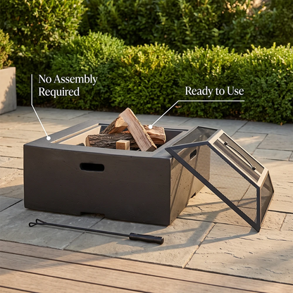 Modern square fire pit with fire poker and removable spark screen
