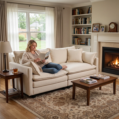 Modern white fabric sofa in cozy living room