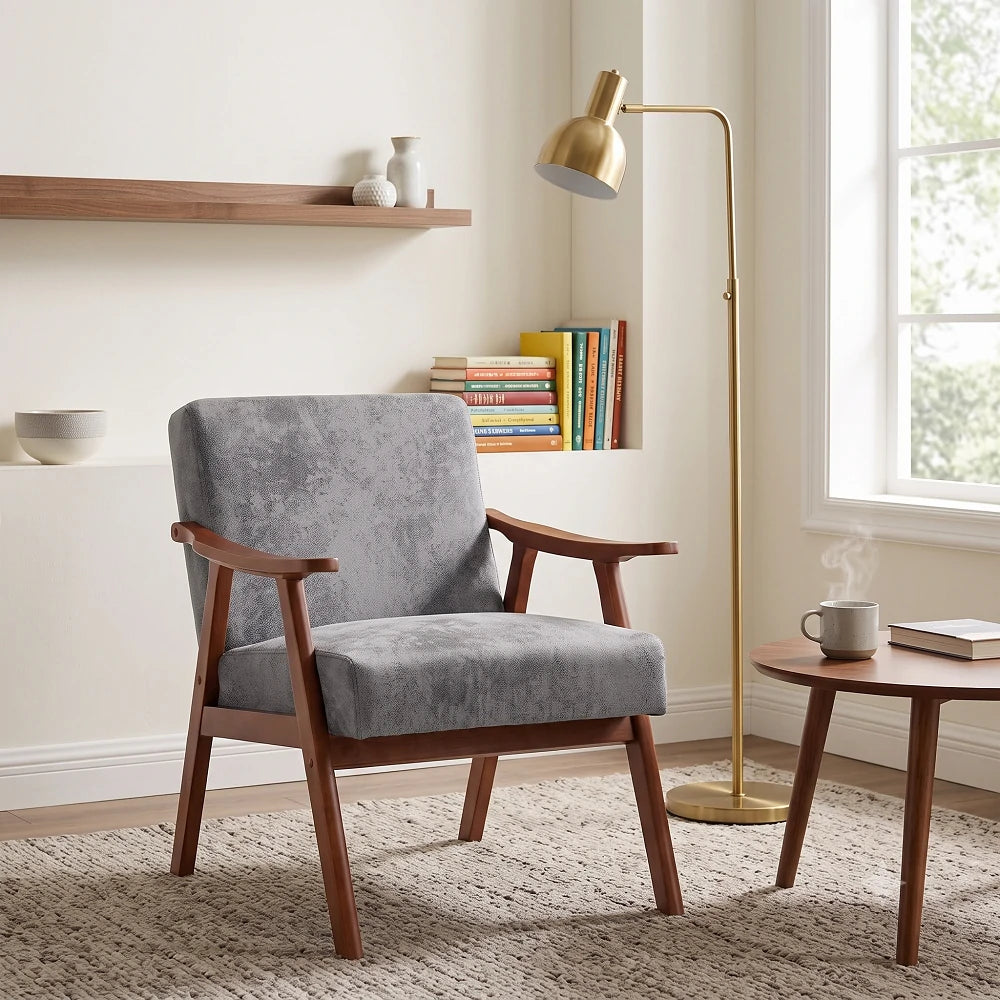 Modern solid wood armchair with gray textured fabric