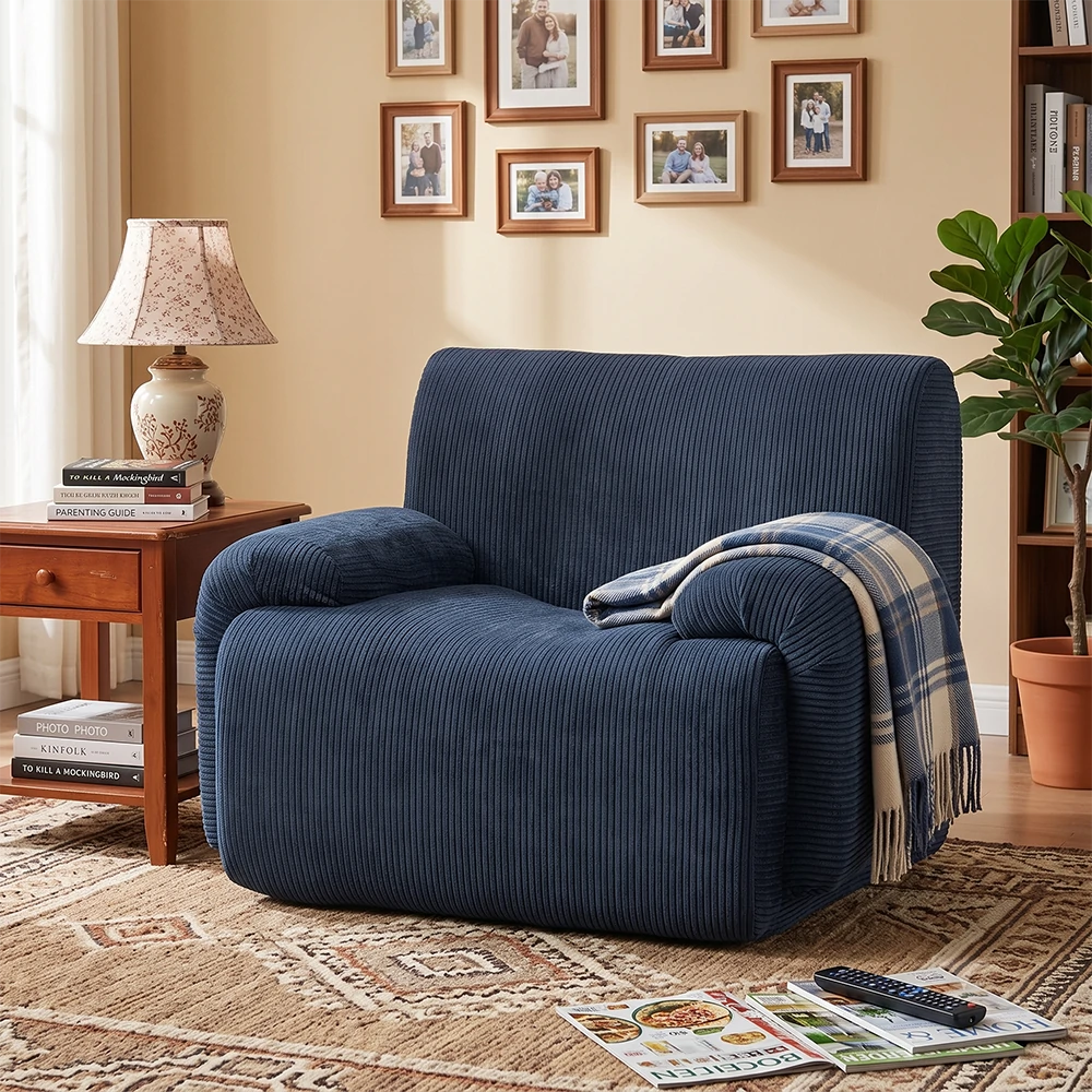 Navy blue striped chenille accent chair in a modern living room