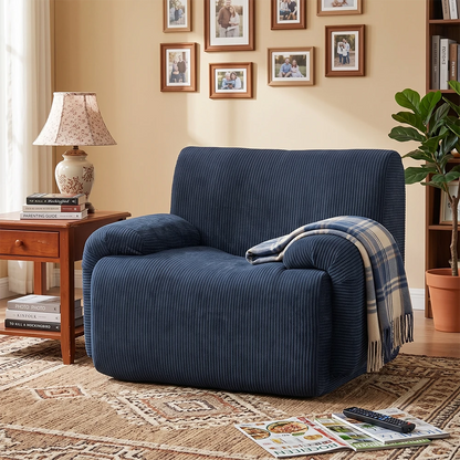 Navy blue striped chenille accent chair in a modern living room