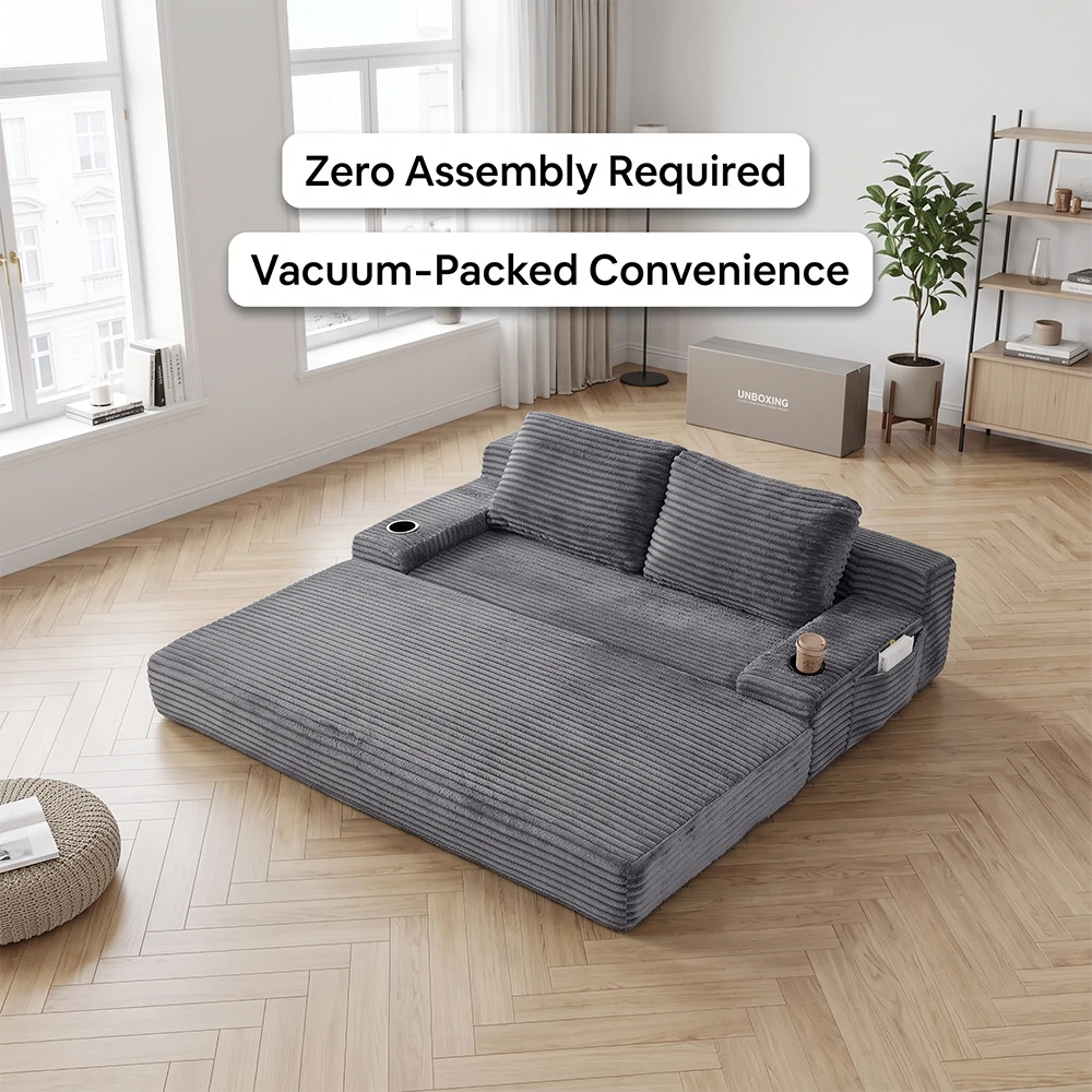 No assembly vacuum packed dark grey sleeper sofa bed in modern living room