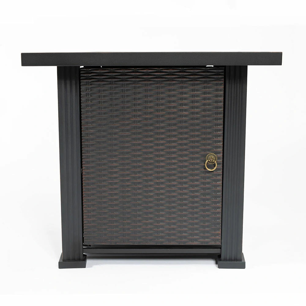 Outdoor fire pit table side access door with vintage brass pull ring.