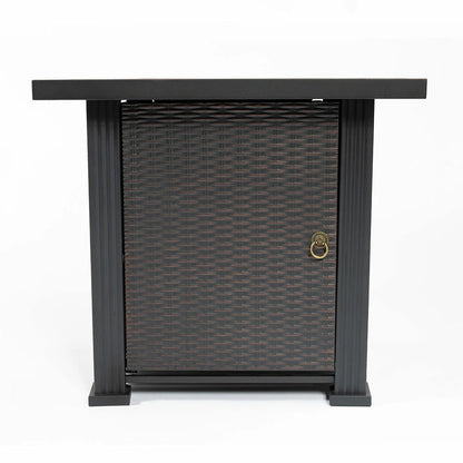Outdoor fire pit table side access door with vintage brass pull ring.