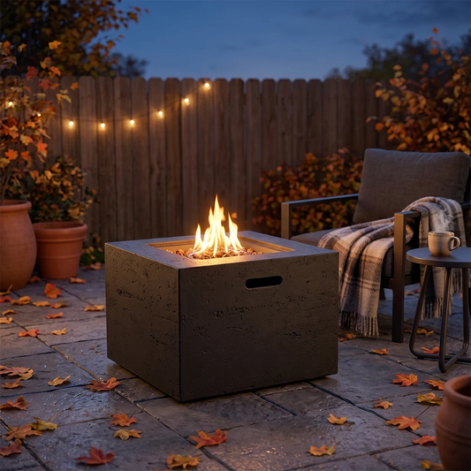 Outdoor square gas fire pit burning on backyard stone patio in fall