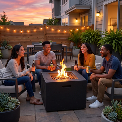 Outdoor square propane fire pit gathering on modern patio backyard