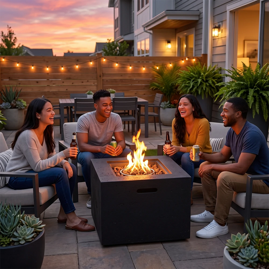 Outdoor square propane fire pit gathering on modern patio backyard