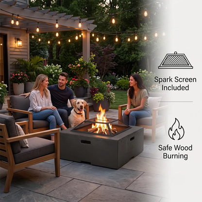 Outdoor wood burning fire pit with spark screen for patio family gathering