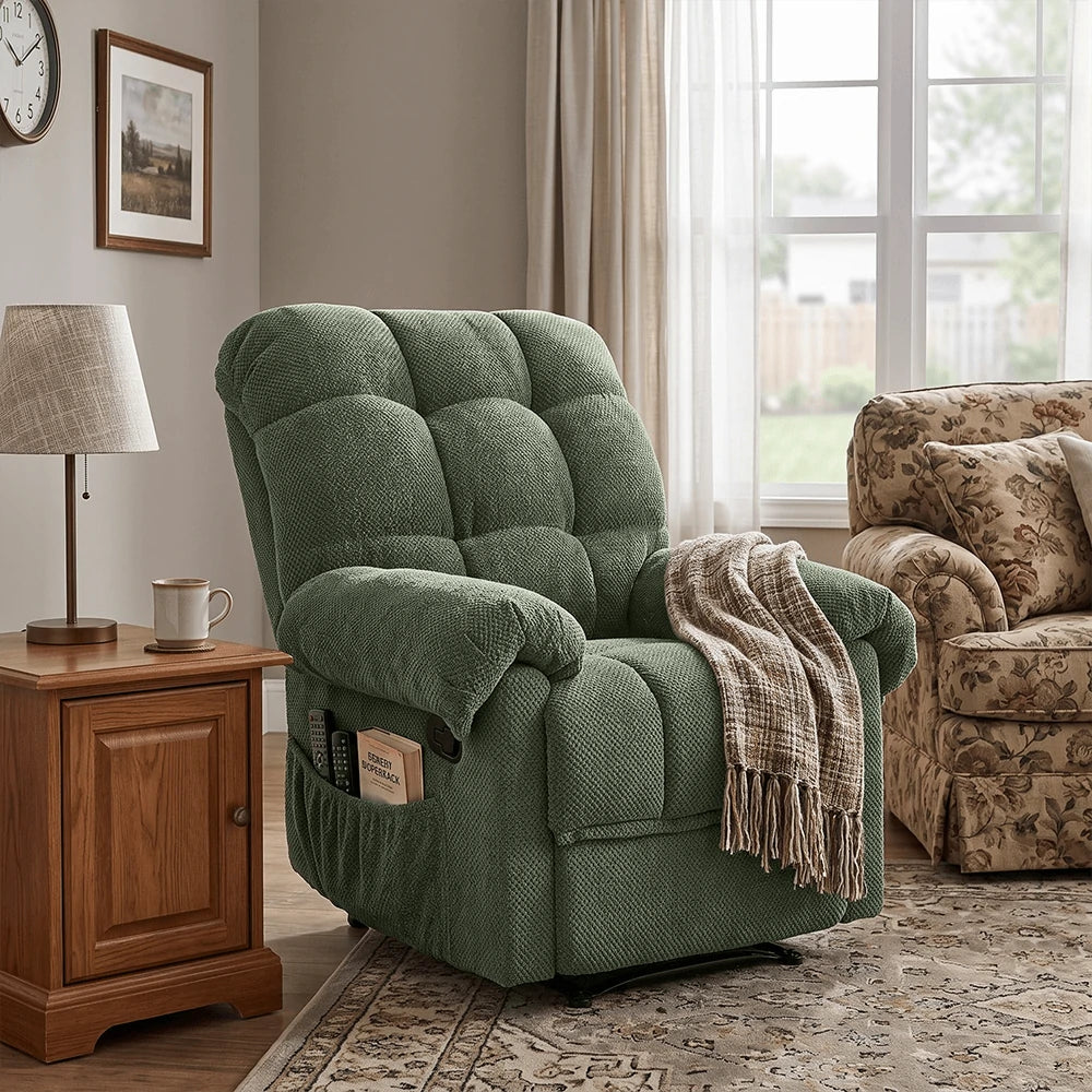 Overstuffed Green Fabric Recliner Armchair with Padded Backrest