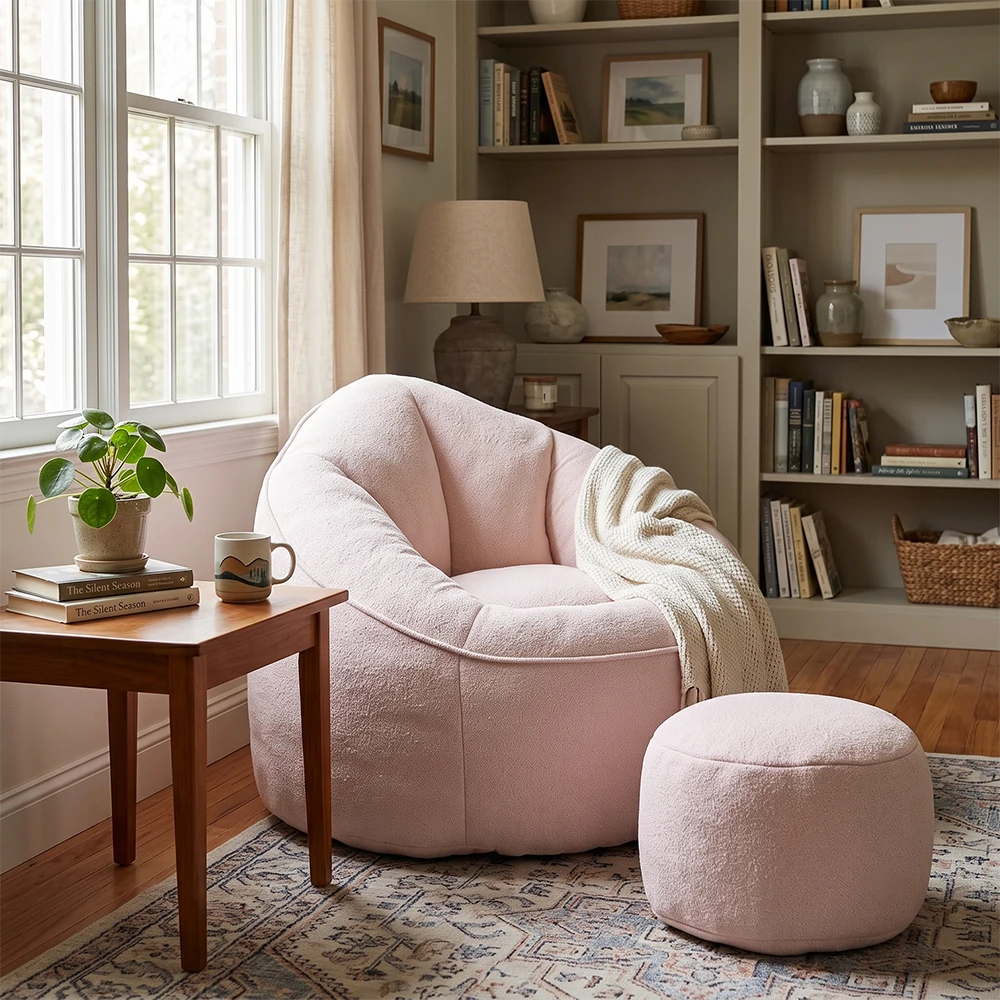 Pink bean bag chair set in cozy living room
