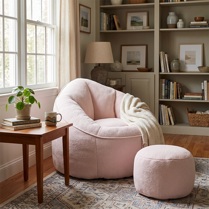 Pink bean bag chair set in cozy living room