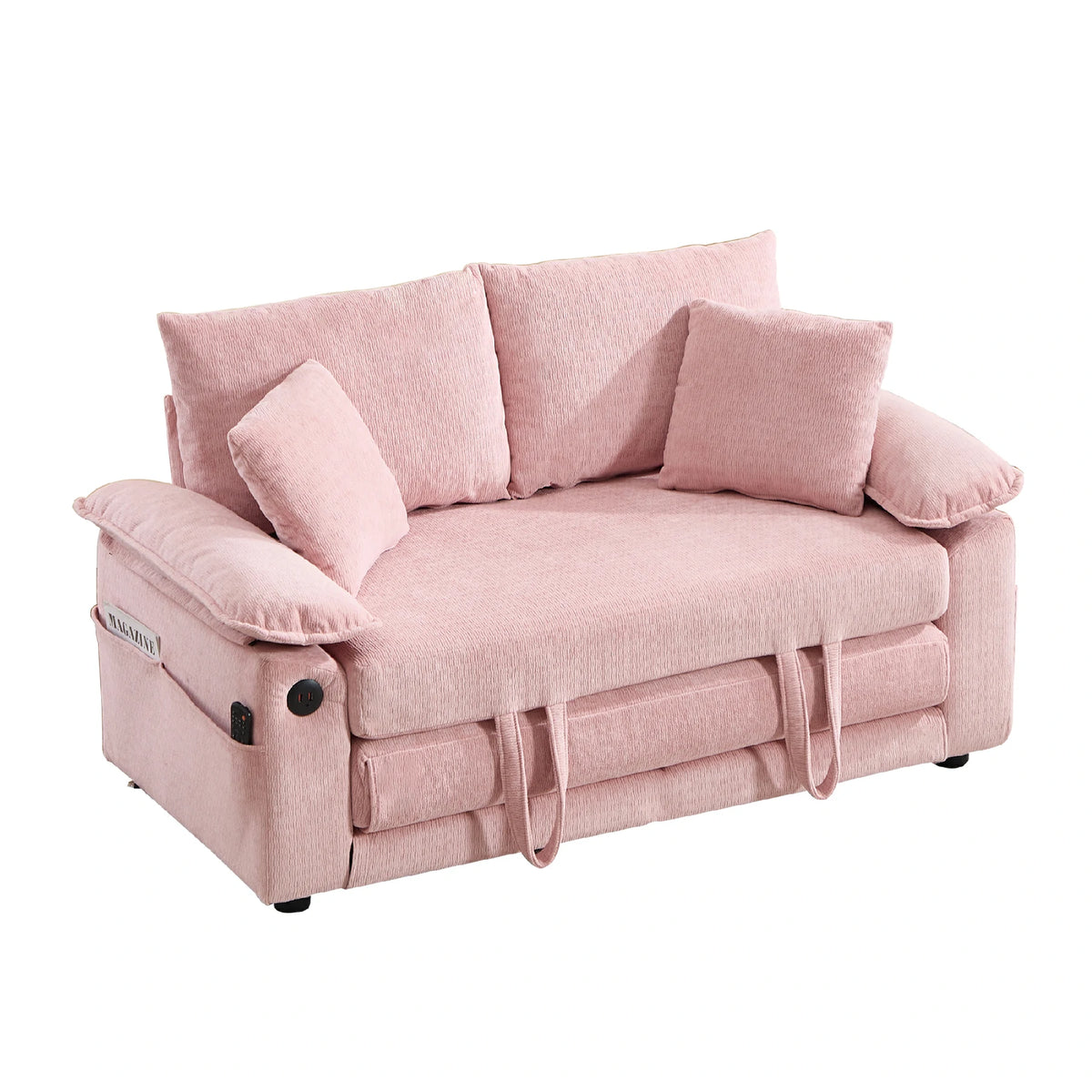 Pink chenille convertible loveseat sofa bed with side storage pockets and USB port