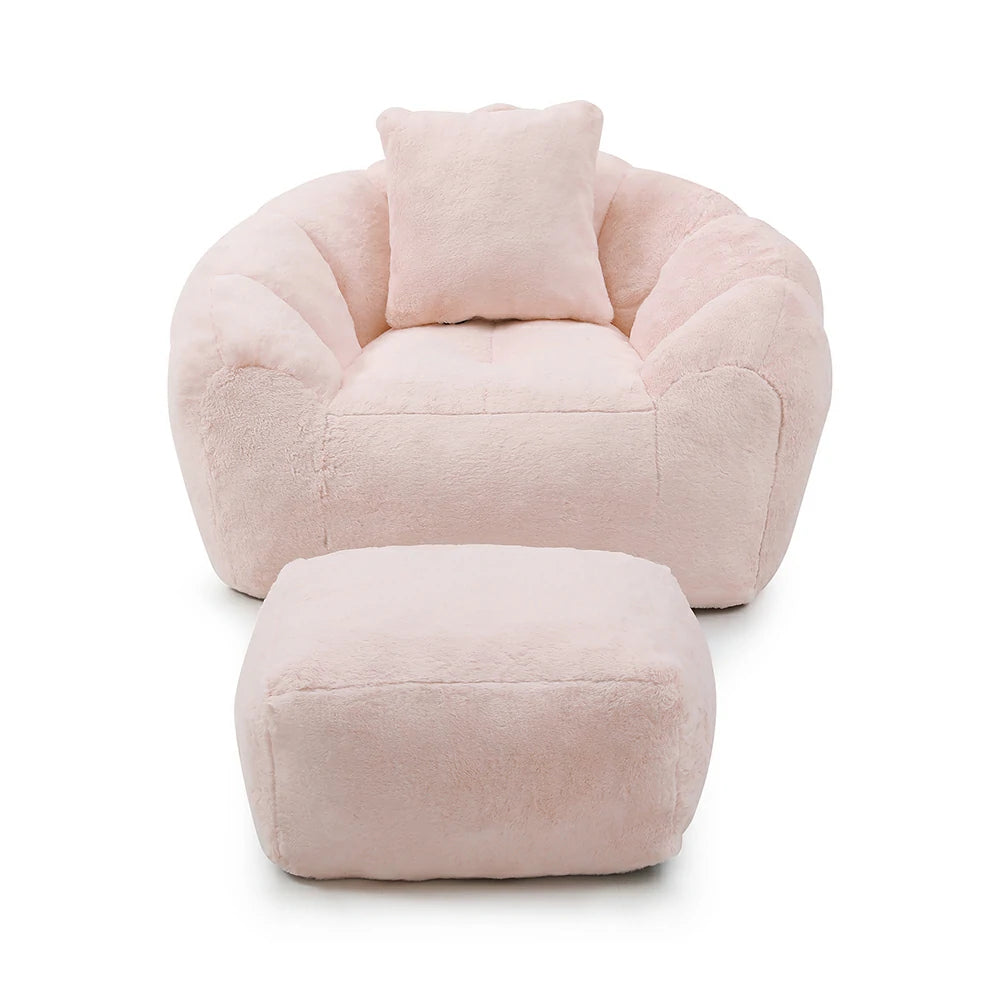 Pink faux fur shell bean bag chair set with footstool front view
