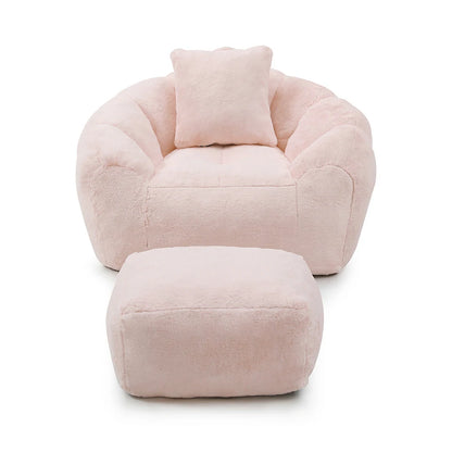 Pink faux fur shell bean bag chair set with footstool front view