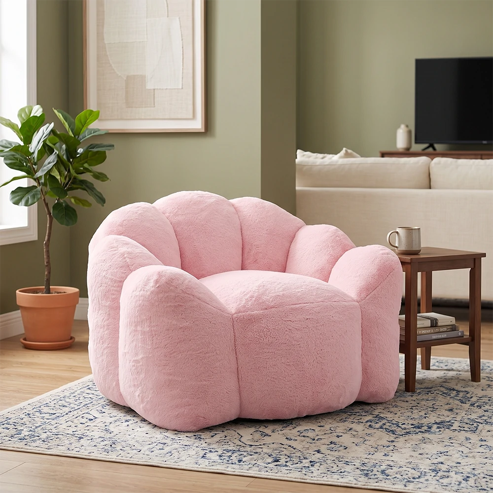 Pink plush lotus-shaped bean bag sofa in a modern living room